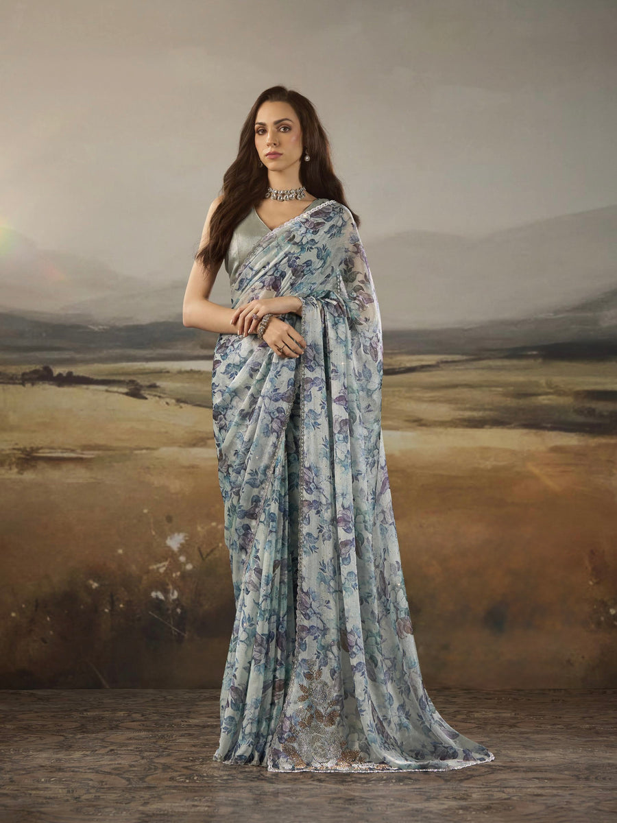 BEAUTIFUL FENDY SILK SAREE WITH AMERICAN DIAMOND & SAROSKI WORK