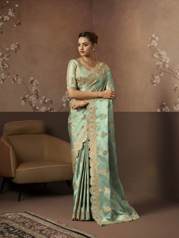 PREMIUM SILK SAREE WITH HEAVY SAROSKI WORK WITH CUT-BORDER