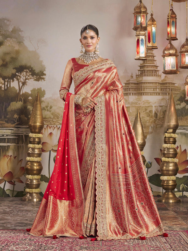 KADWA KASAB SILK SAREE WITH HEAVY ZARDOZI WORK HAND DIAMOND & KUNDAN NAVLAKHA STONES WORK FULL SAREE WITH HEAVY SAROSAKI WITH KHINKHWAB JAAL WORK WITH HEAVY DUPATAA