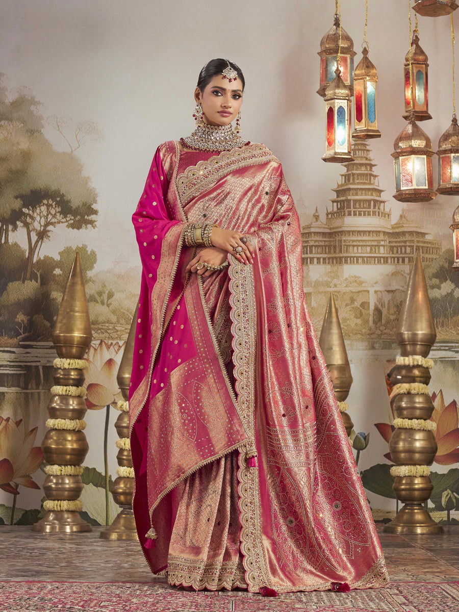KADWA KASAB SILK SAREE WITH HEAVY ZARDOZI WORK HAND DIAMOND & KUNDAN NAVLAKHA STONES WORK FULL SAREE WITH HEAVY SAROSAKI WITH KHINKHWAB JAAL WORK WITH HEAVY DUPATAA
