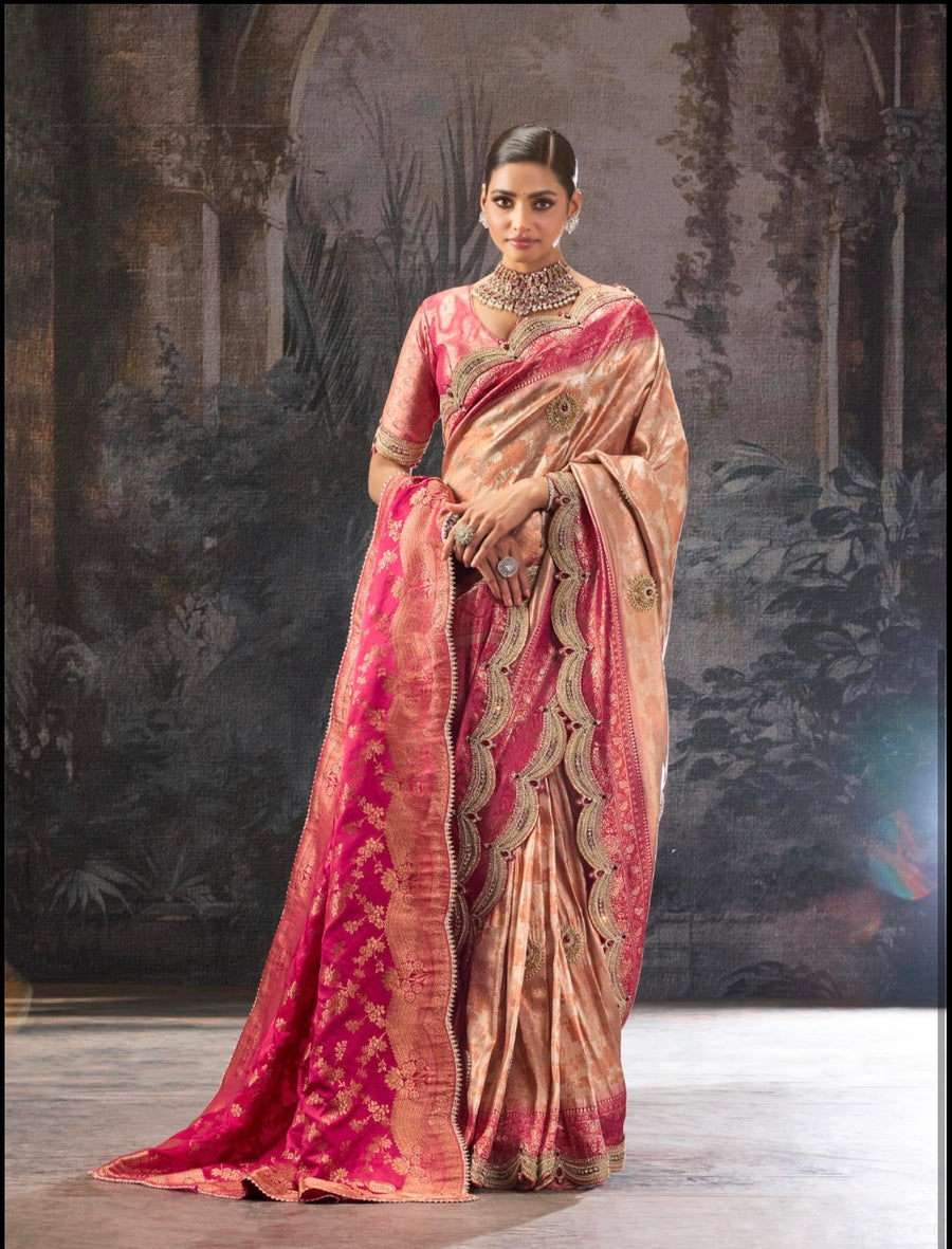 KANJEEWARAM FABRIC SAREE CHAND BALI ZARDOZI BORDER, INFINITY PATCH BUTTA WORK, NAVLAKHA STONES, KUNDAN WORK, HAND DIAMOND WITH HEAVY DUPATTA