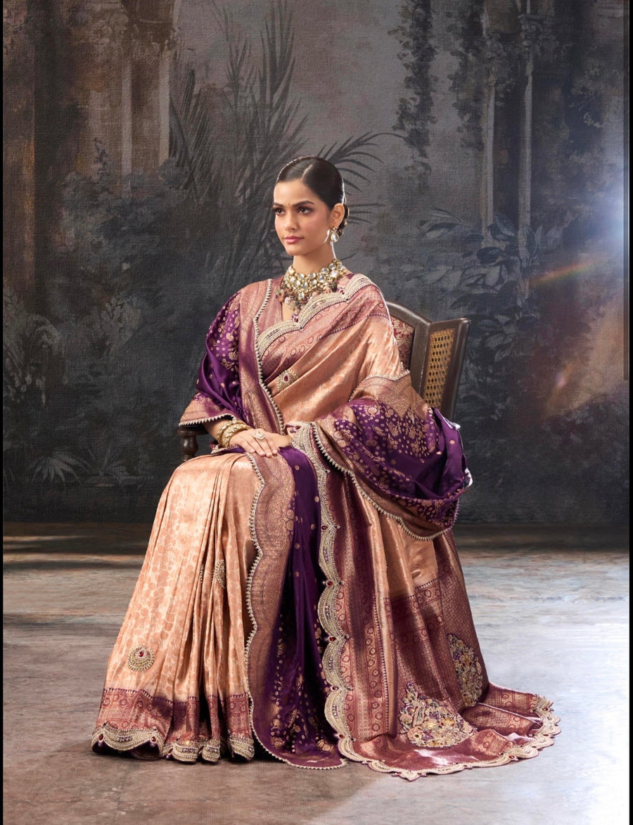 KANJEEWARAM FABRIC SAREE CHAND BALI ZARDOZI BORDER, INFINITY PATCH BUTTA WORK, NAVLAKHA STONES, KUNDAN WORK, HAND DIAMOND WITH HEAVY DUPATTA