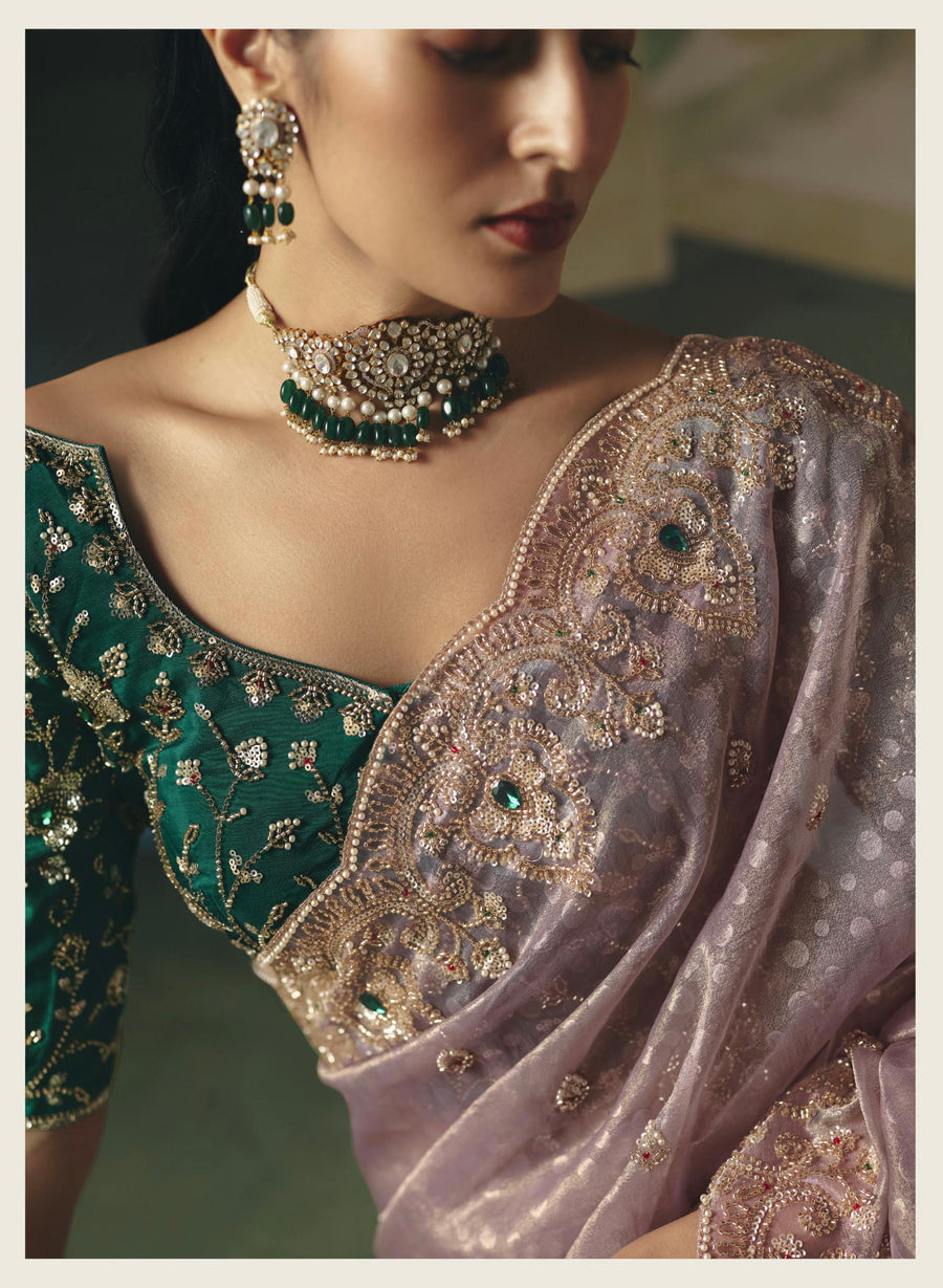 BEAUTIFUL SAREE ON TISSUE ORGANZA WITH BEADS , SEQUENCE & PEARL WORK