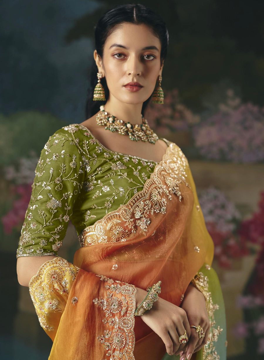 BEAUTIFUL SAREE ON TISSUE ORGANZA WITH BEADS , SEQUENCE & PEARL WORK