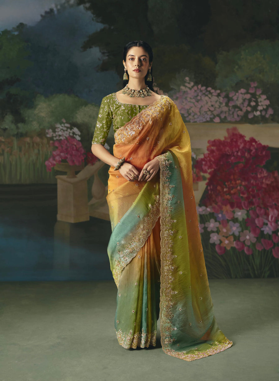 BEAUTIFUL SAREE ON TISSUE ORGANZA WITH BEADS , SEQUENCE & PEARL WORK