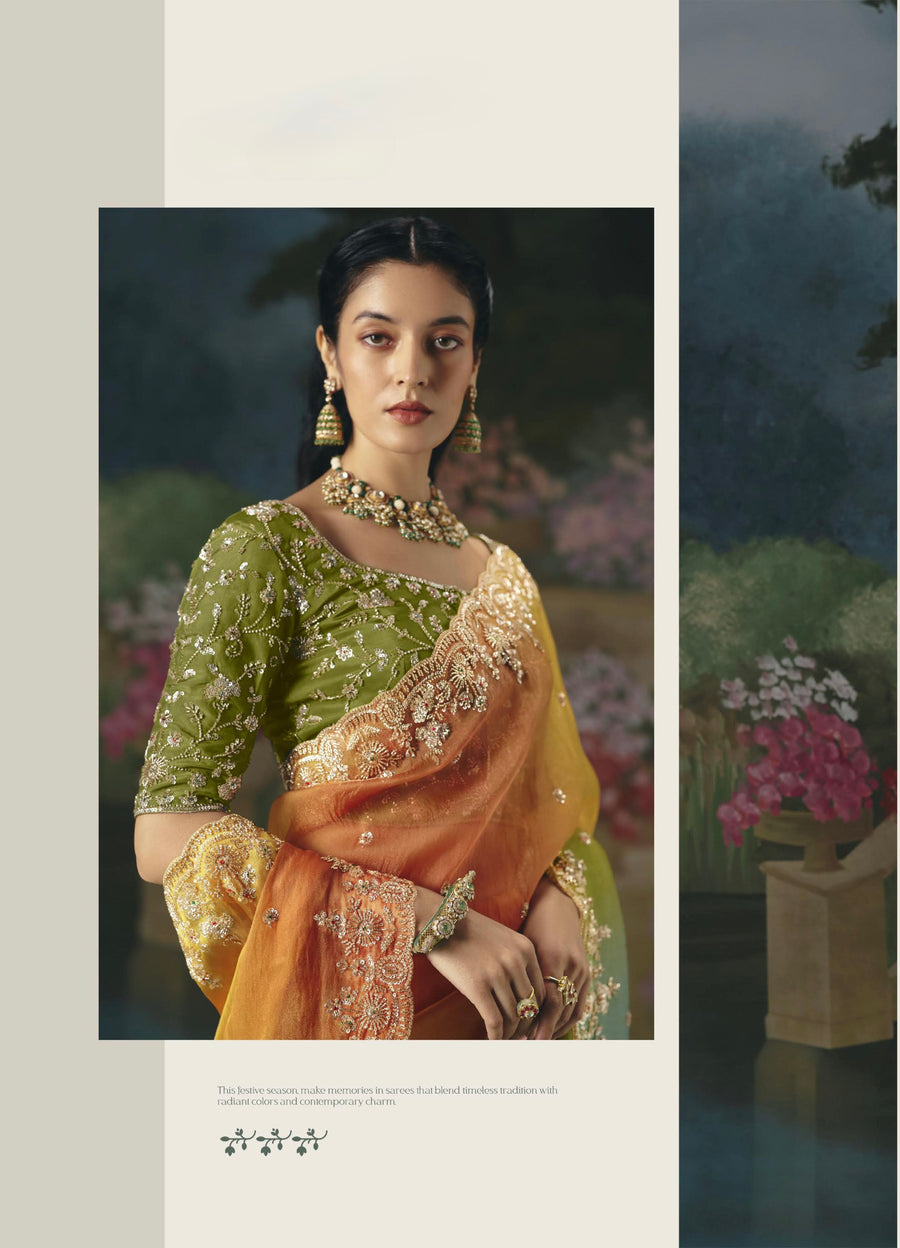 BEAUTIFUL SAREE ON TISSUE ORGANZA WITH BEADS , SEQUENCE & PEARL WORK