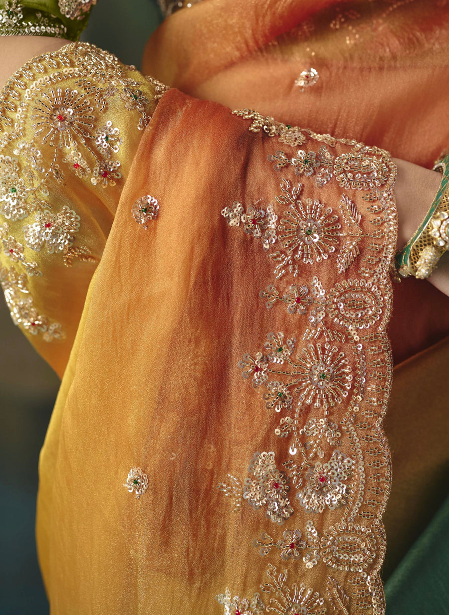 BEAUTIFUL SAREE ON TISSUE ORGANZA WITH BEADS , SEQUENCE & PEARL WORK