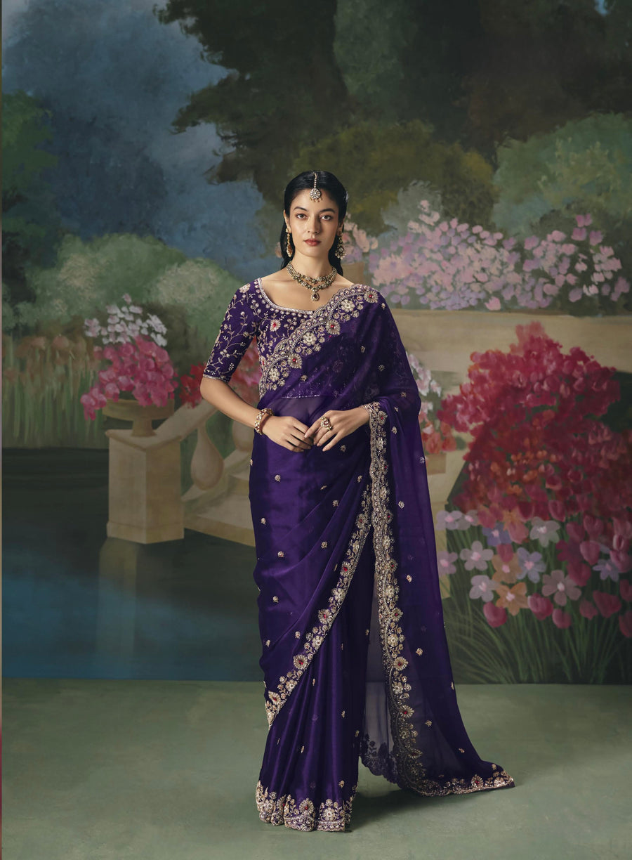 BEAUTIFUL SAREE ON TISSUE ORGANZA WITH BEADS , SEQUENCE & PEARL WORK