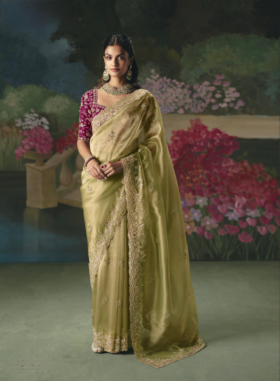 BEAUTIFUL SAREE ON TISSUE ORGANZA WITH BEADS , SEQUENCE & PEARL WORK