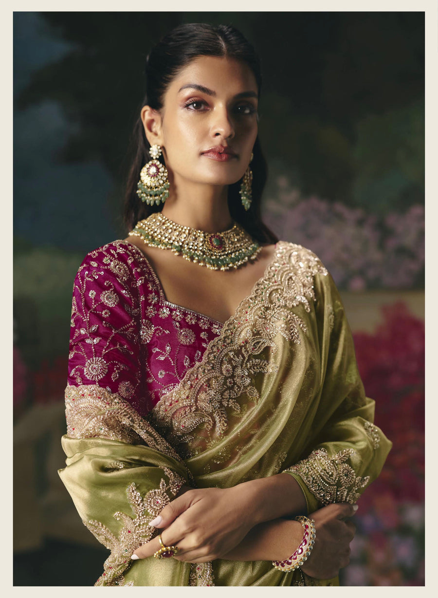 BEAUTIFUL SAREE ON TISSUE ORGANZA WITH BEADS , SEQUENCE & PEARL WORK