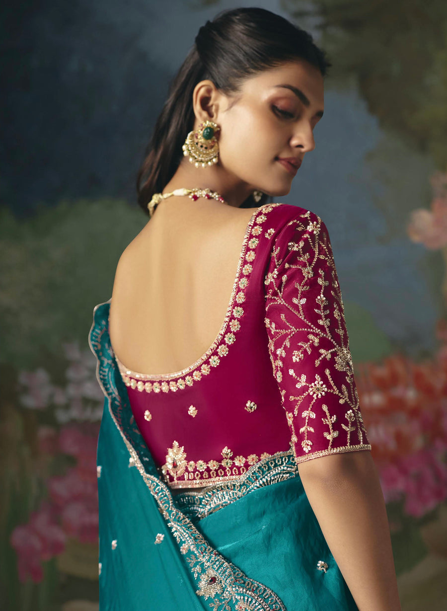 BEAUTIFUL SAREE ON TISSUE ORGANZA WITH BEADS , SEQUENCE & PEARL WORK