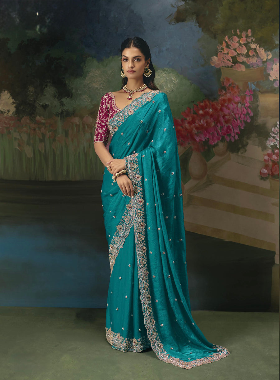 BEAUTIFUL SAREE ON TISSUE ORGANZA WITH BEADS , SEQUENCE & PEARL WORK