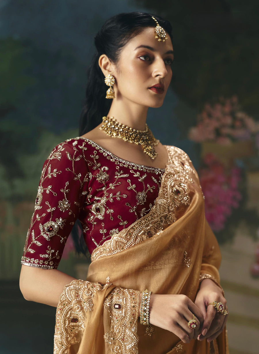 BEAUTIFUL SAREE ON TISSUE ORGANZA WITH BEADS , SEQUENCE & PEARL WORK