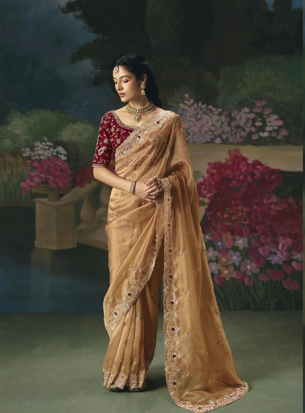 BEAUTIFUL SAREE ON TISSUE ORGANZA WITH BEADS , SEQUENCE & PEARL WORK
