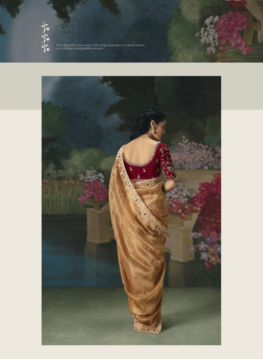 BEAUTIFUL SAREE ON TISSUE ORGANZA WITH BEADS , SEQUENCE & PEARL WORK