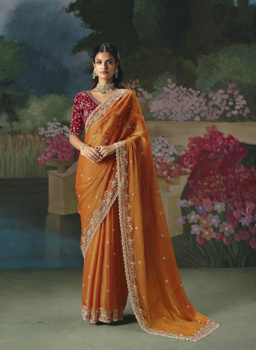 BEAUTIFUL SAREE ON TISSUE ORGANZA WITH BEADS , SEQUENCE & PEARL WORK