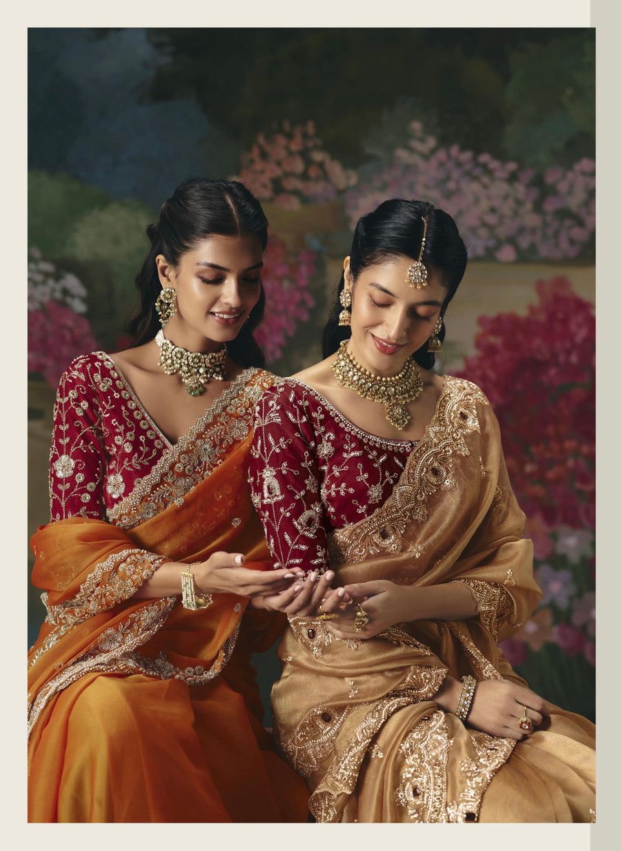 BEAUTIFUL SAREE ON TISSUE ORGANZA WITH BEADS , SEQUENCE & PEARL WORK