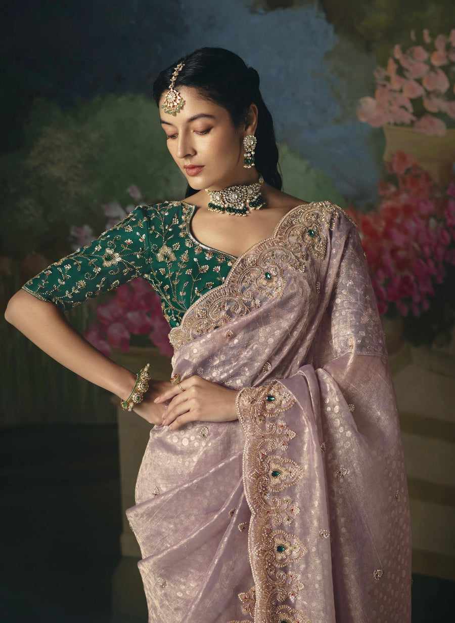 BEAUTIFUL SAREE ON TISSUE ORGANZA WITH BEADS , SEQUENCE & PEARL WORK