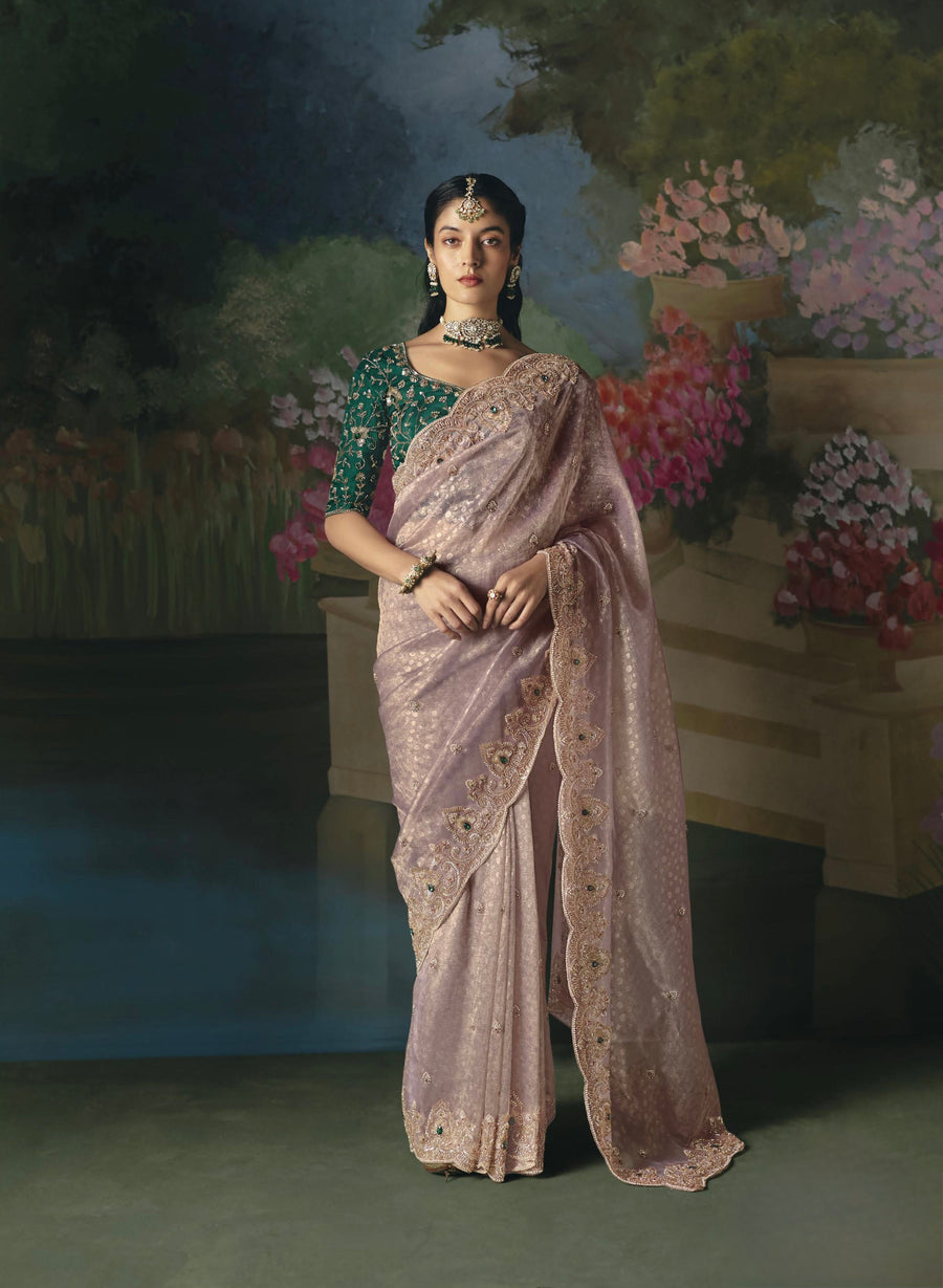 BEAUTIFUL SAREE ON TISSUE ORGANZA WITH BEADS , SEQUENCE & PEARL WORK