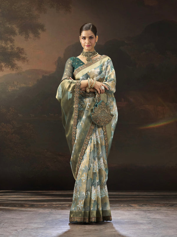 TISSUE ORGANZA SAREE WITH PARSI ZARDOZI WORK HANDMADE CLUTCH 