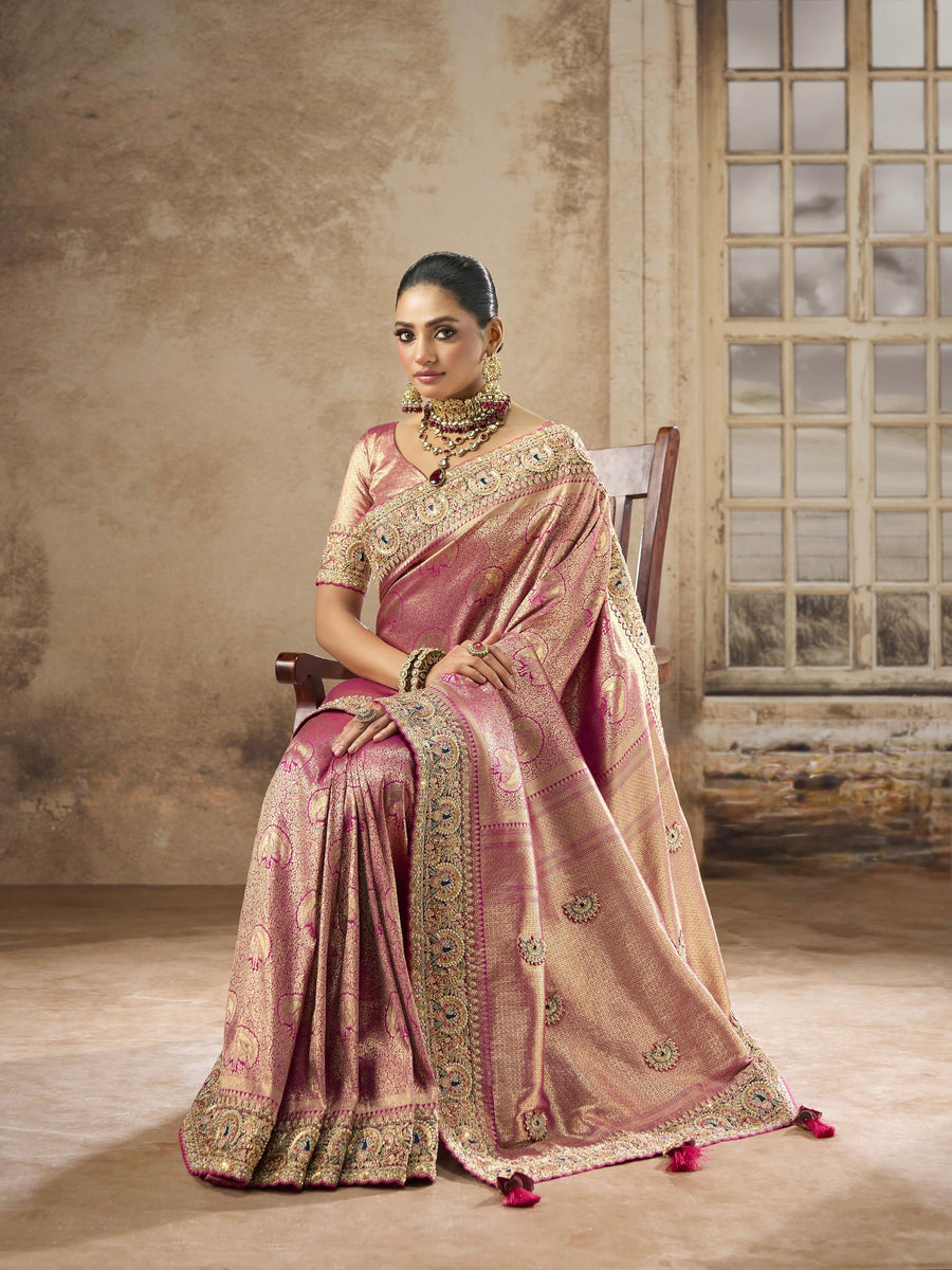 TATTVA KATAN SILK SAREE WITH HEAVY ZARDOZI WORK & APLIC WORK, WITH BIG STONE WORK
