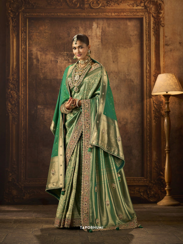 KADWA KASAB SILK SAREE HEAVY KOLKATA THEME HEAVY ZARDOZI WORK HAND DIAMOND & KUNDAN NAVLAKHA STONES WORK WITH HEAVY DUPATAA