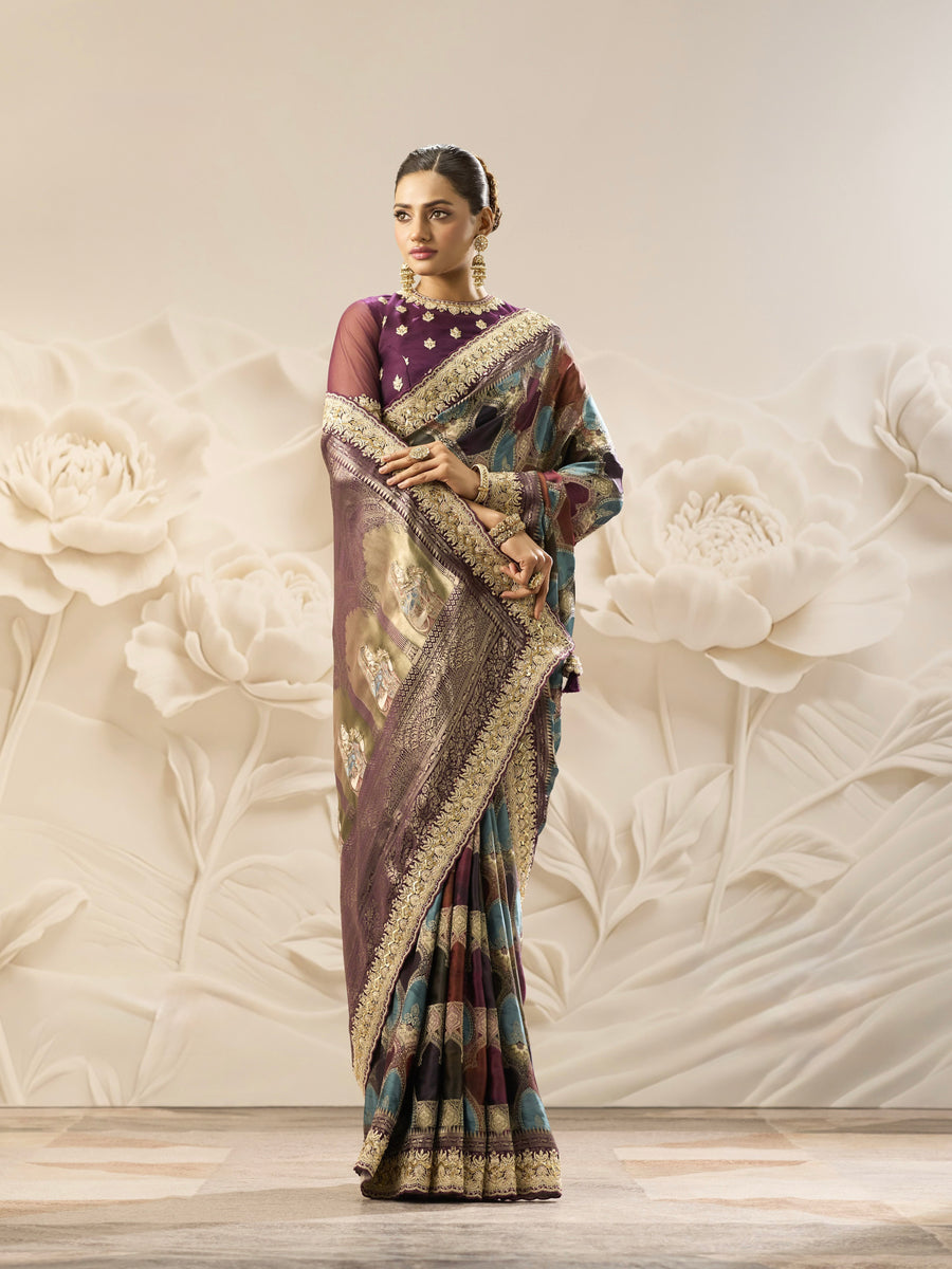 PURE VISCOSE SILK SAREE WITH POSITION PRINT. MACHINE ZARDOZI WITH HAND DIAMOND  & ZIRCON WORK