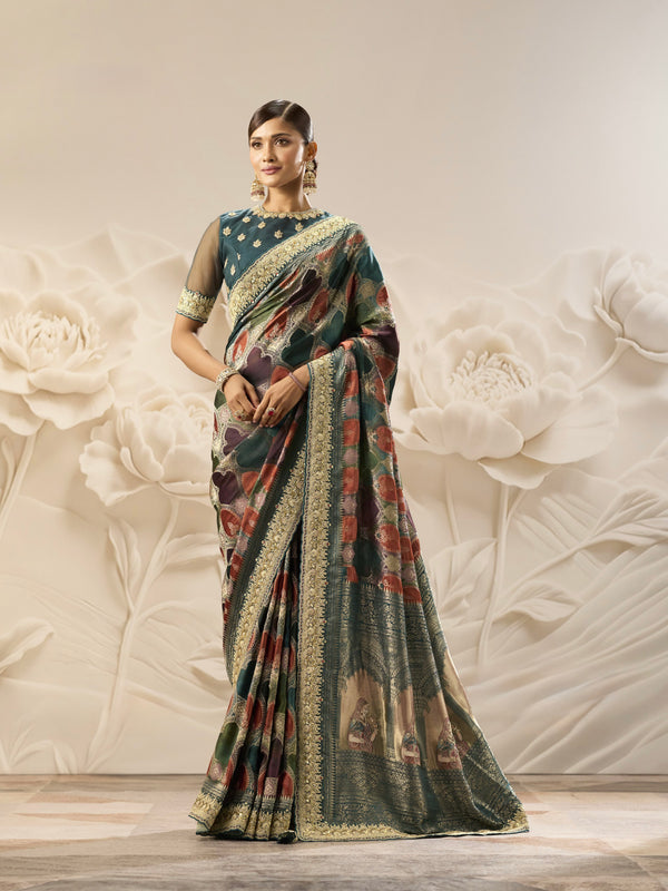 PURE VISCOSE SILK SAREE WITH POSITION PRINT. MACHINE ZARDOZI WITH HAND DIAMOND  & ZIRCON WORK