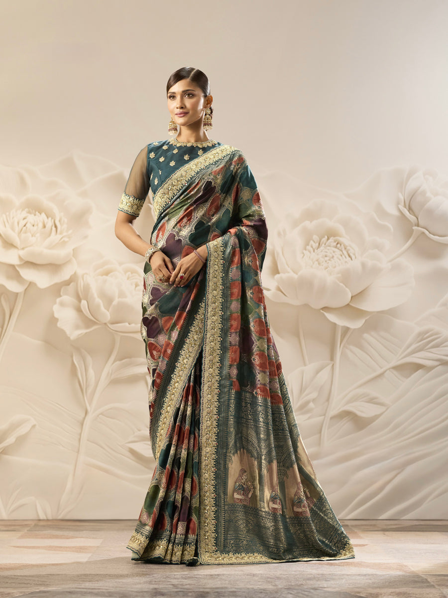 PURE VISCOSE SILK SAREE WITH POSITION PRINT. MACHINE ZARDOZI WITH HAND DIAMOND  & ZIRCON WORK