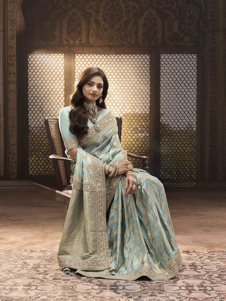 PREMIUM SATIN SILK SAREE WITH KOLKATA THEME EMBRODIERY HAND DIAMOND KUNDAN WORK