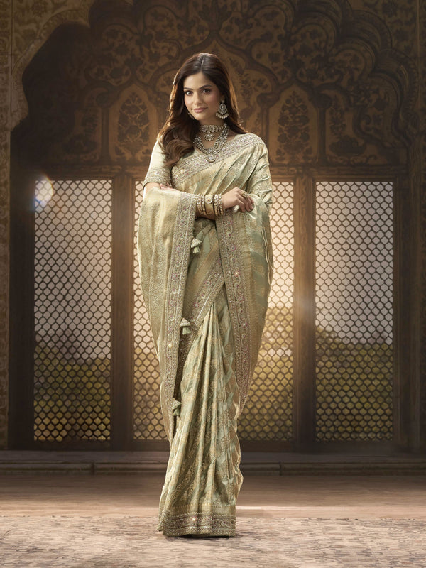 PREMIUM SATIN SILK SAREE WITH KOLKATA THEME EMBRODIERY HAND DIAMOND KUNDAN WORK