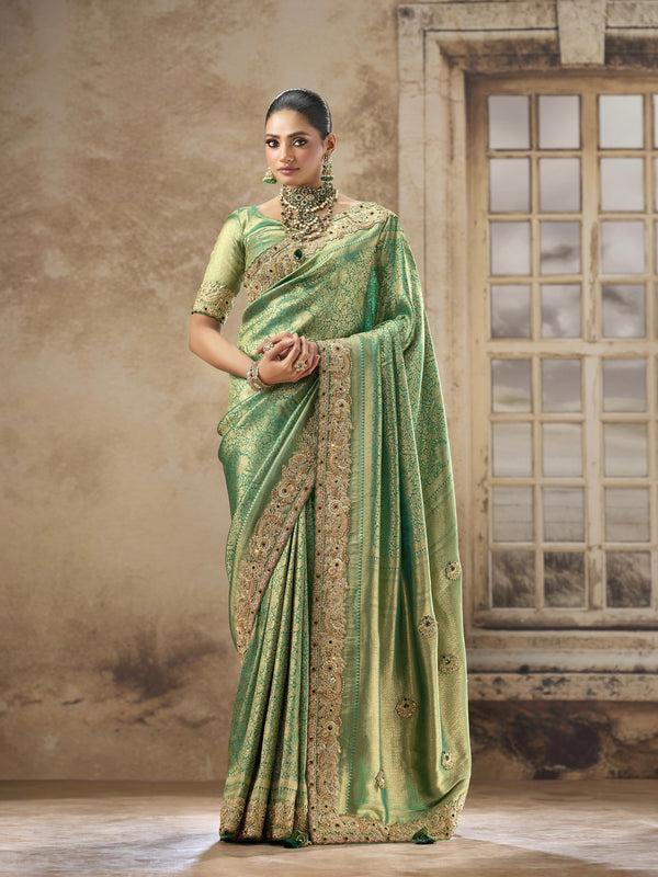 TATTVA KATAN SILK SAREE WITH HEAVY ZARDOZI WORK & APLIC WORK, WITH BIG STONE WORK