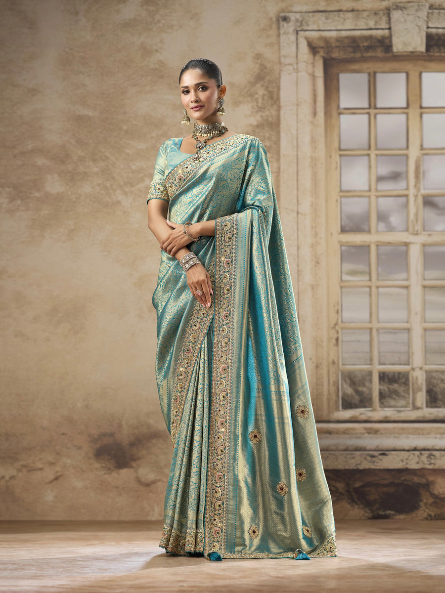 TATTVA KATAN SILK SAREE WITH HEAVY ZARDOZI WORK & APLIC WORK, WITH BIG STONE WORK
