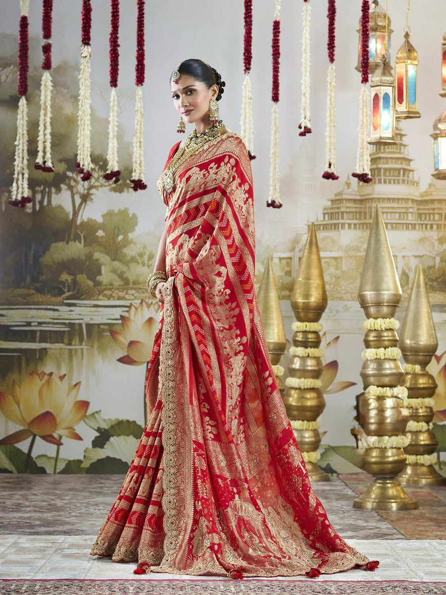 PURE VISCOSE KHADDI GEORGETTE SAREE FULL SAREE HEAVY ZARDOZI HAND DIAMOND & MOTI WITH PATCH BUTTA WORKPURE