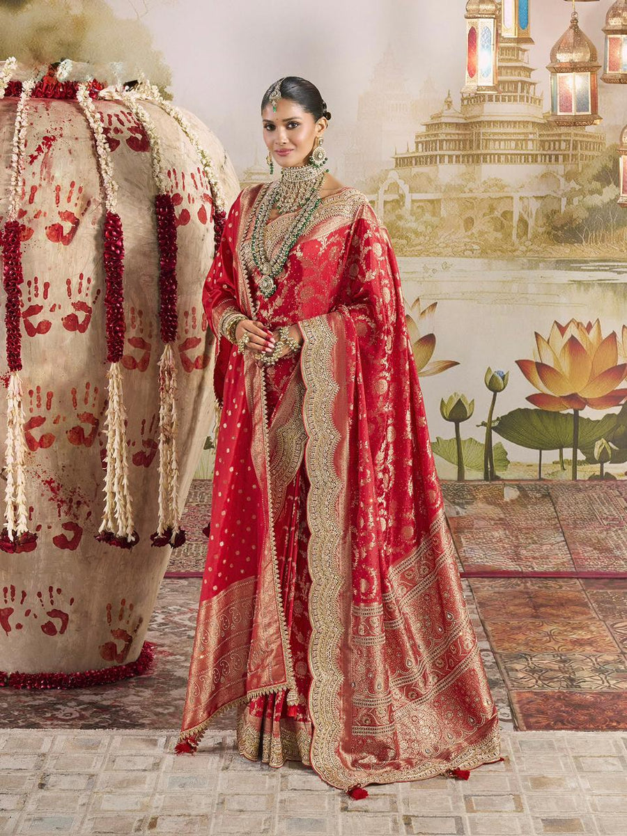 SILK KATAN SAREE WITH MARODI ZARDOZI BORDER ,HEAVY SAROSKI WITH AMERICAN DIAMOND WORK ,KUNDAN WORK ,NAVLAKHA STONES WORK WITH HEAVY DUPATAA